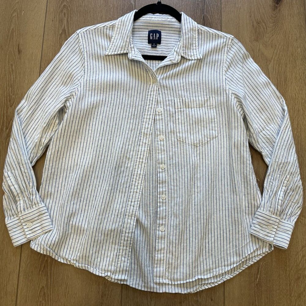 Gap Women's Linen Blend Button Up Down Shirt Medium White/Blue EUC